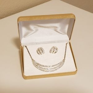 Silver-Tone Crystal Curved Bar Necklace with Matching Earrings - Silver